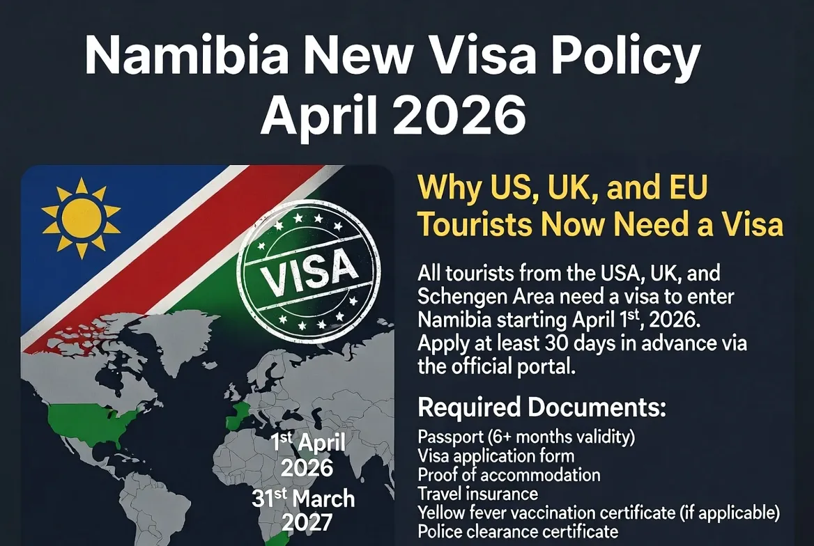 Namibia New Visa Policy April 2026: Why US, UK, and EU tourists now need a visa.